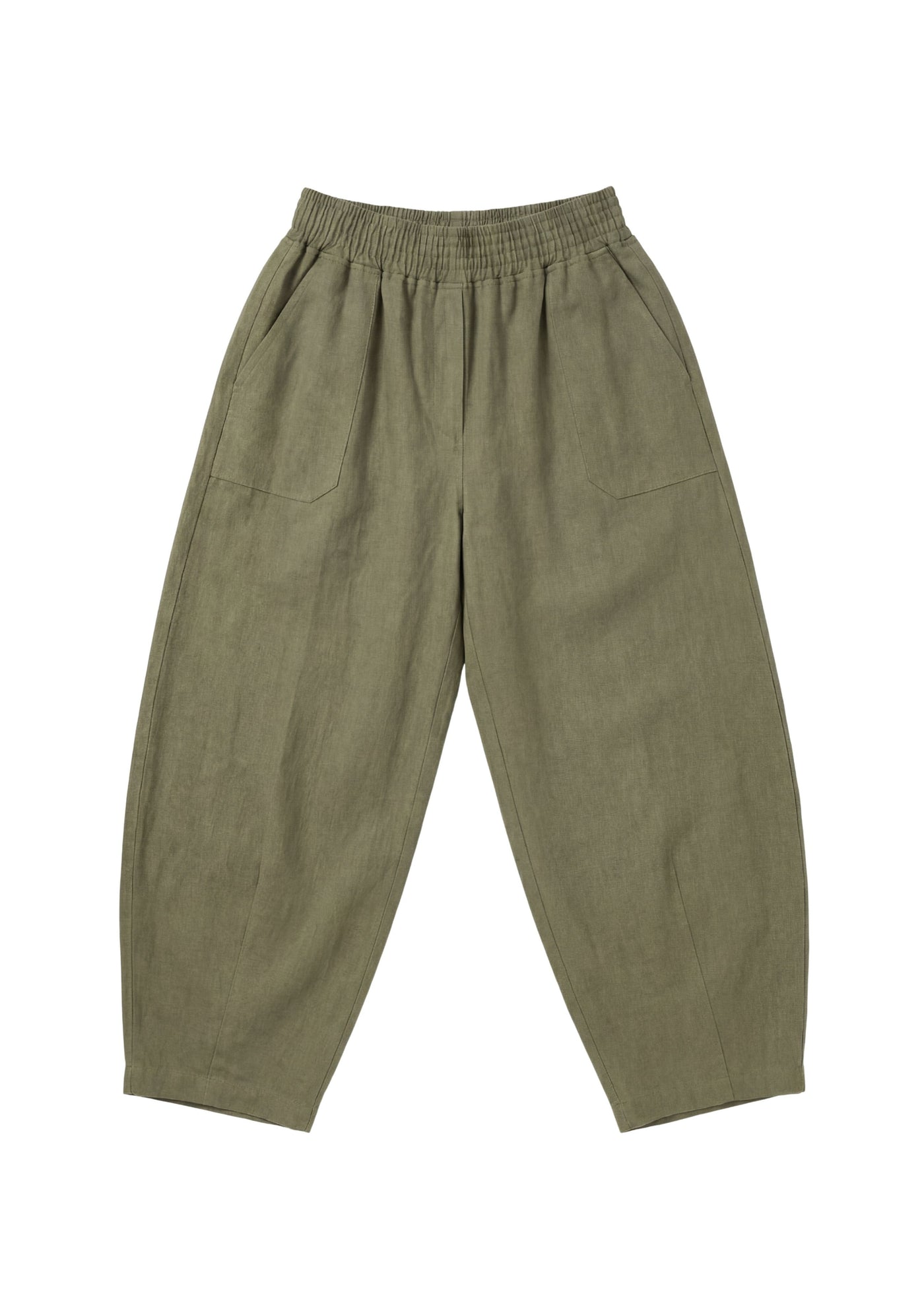 Olive green linen/cotton barrel pants with a stretchy waistband and deep functional pockets.