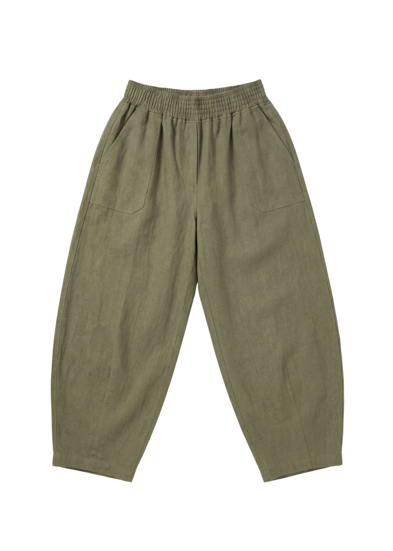 Olive green linen/cotton barrel pants with a stretchy waistband and deep functional pockets.