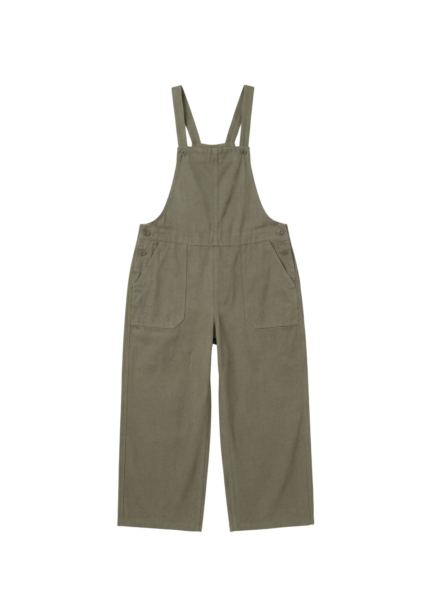 Olive green linen/cotton overalls with adjustable straps, side buttons, and deep front pockets.