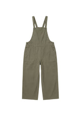 Olive green linen/cotton overalls with adjustable straps, side buttons, and deep front pockets.