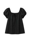 Tie-Front Puff Sleeve Blouse in Cotton