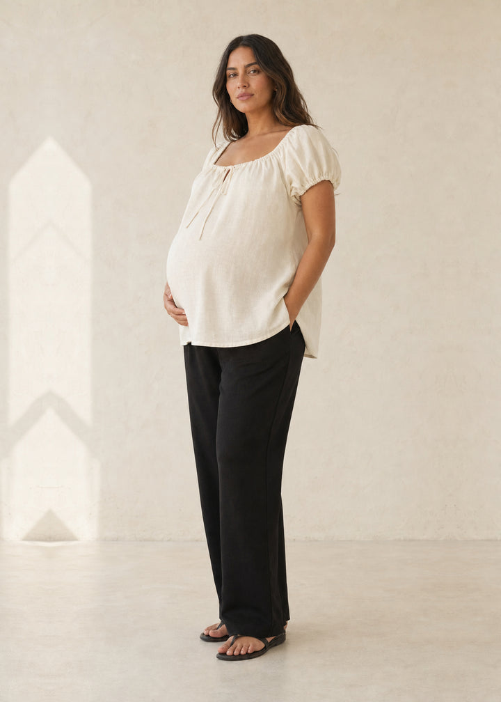 Tie-Front Puff Sleeve Blouse in Cotton in Natural — on model