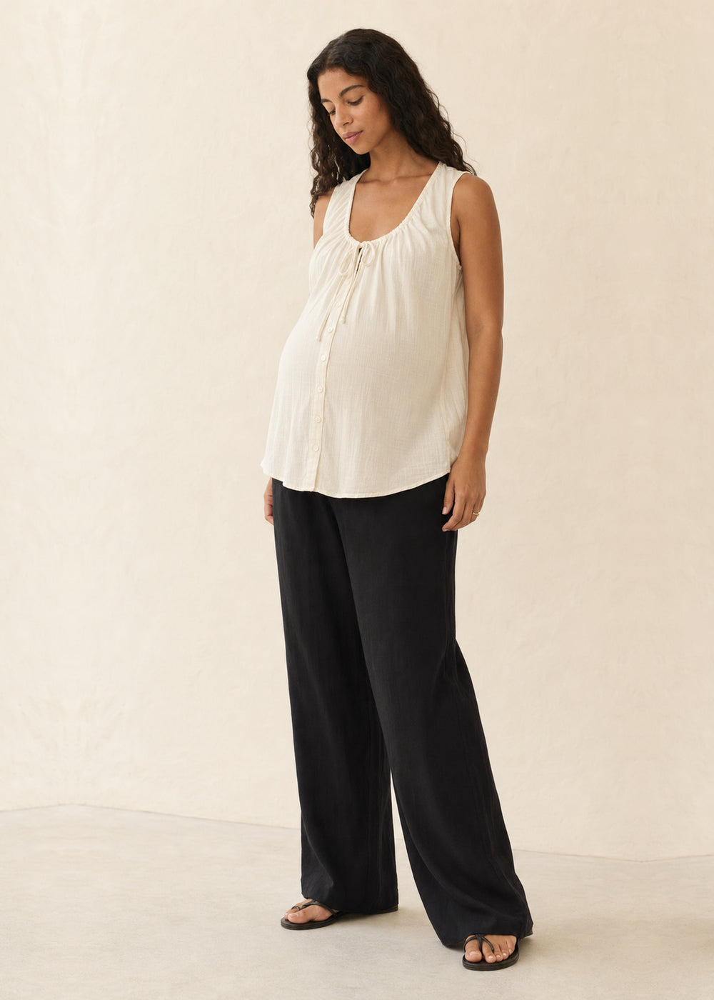 Tie-Front Sleeveless Top in Cotton in Natural — on model