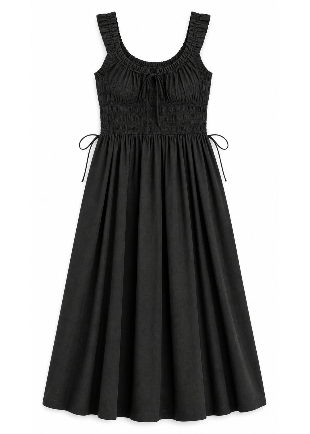 Tie-Front Smocked Waist Midi Dress in Cotton in Black — flat lay