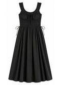 Tie-Front Smocked Waist Midi Dress in Cotton in Black — flat lay