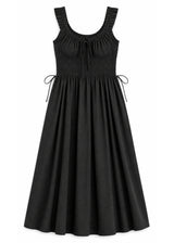 Tie-Front Smocked Waist Midi Dress in Cotton in Black — flat lay