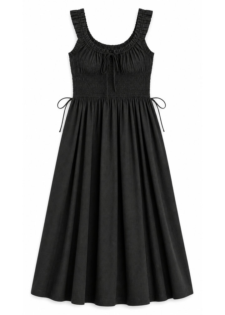 Tie-Front Smocked Waist Midi Dress in Cotton in Black — flat lay