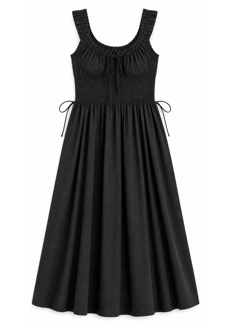 Tie-Front Smocked Waist Midi Dress in Cotton in Black — flat lay