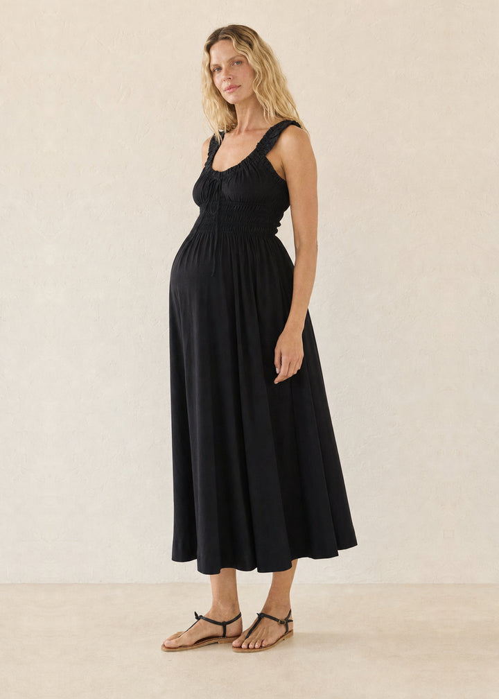 Tie-Front Smocked Waist Midi Dress in Cotton in Black — on model