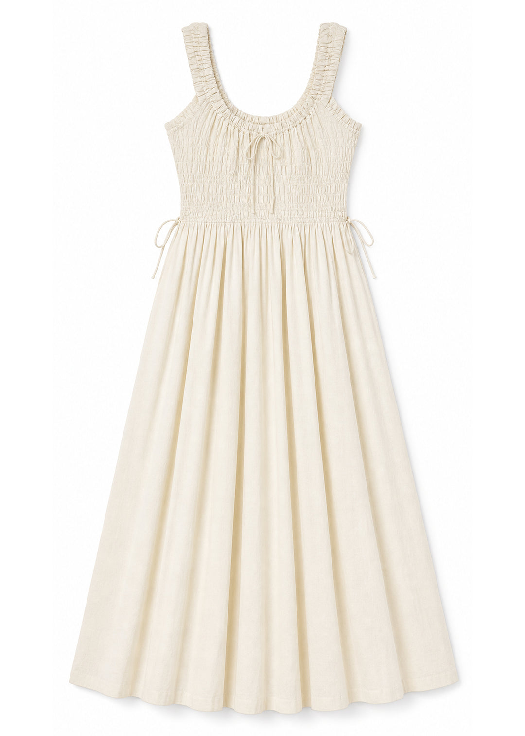 Tie-Front Smocked Waist Midi Dress in Cotton in Natural — flat lay