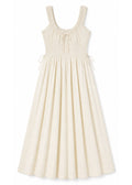 Tie-Front Smocked Waist Midi Dress in Cotton in Natural — flat lay