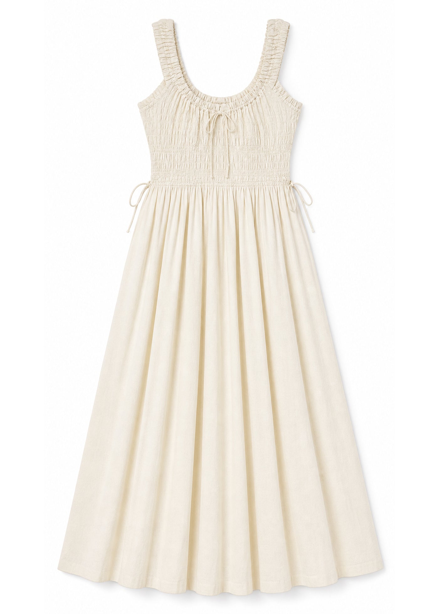 Tie-Front Smocked Waist Midi Dress in Cotton in Natural — flat lay