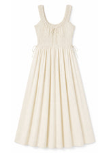 Tie-Front Smocked Waist Midi Dress in Cotton in Natural — flat lay
