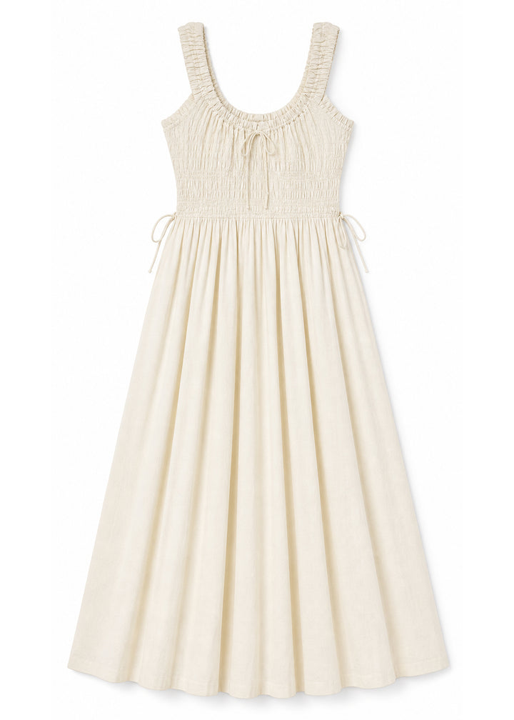 Tie-Front Smocked Waist Midi Dress in Cotton in Natural — flat lay