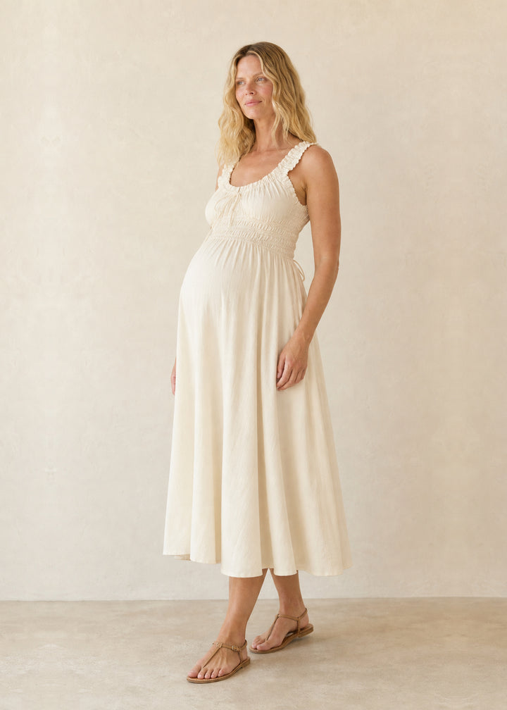 Tie-Front Smocked Waist Midi Dress in Cotton in Natural — on model