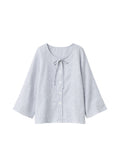 Tie-Neck Gingham Bell-Sleeve Linen Blouse