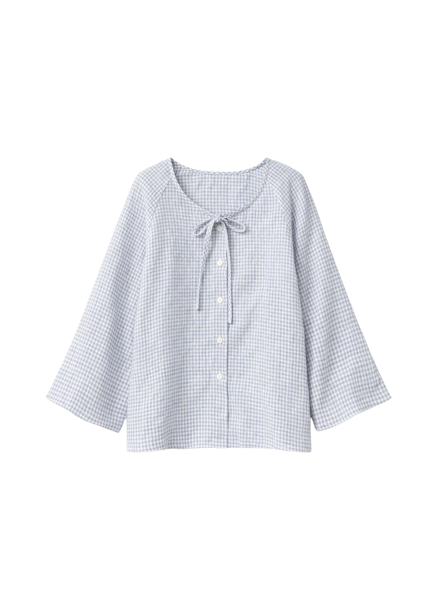Tie-Neck Gingham Bell-Sleeve Linen Blouse