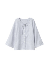 Tie-Neck Gingham Bell-Sleeve Linen Blouse