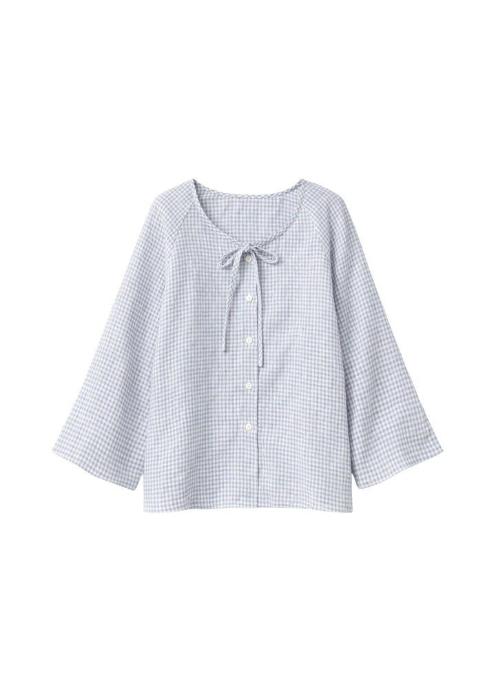 Tie-Neck Gingham Bell-Sleeve Linen Blouse
