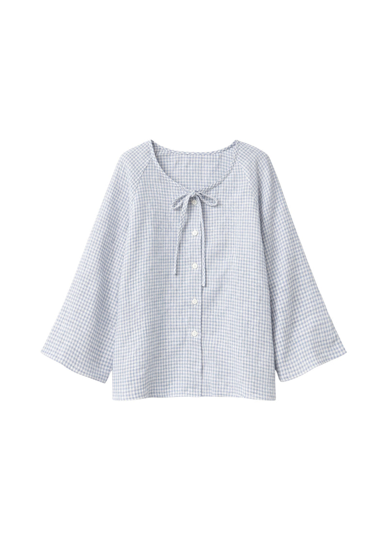 Tie-Neck Gingham Bell-Sleeve Linen Blouse