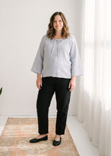 Tie-Neck Gingham Bell-Sleeve Linen Blouse