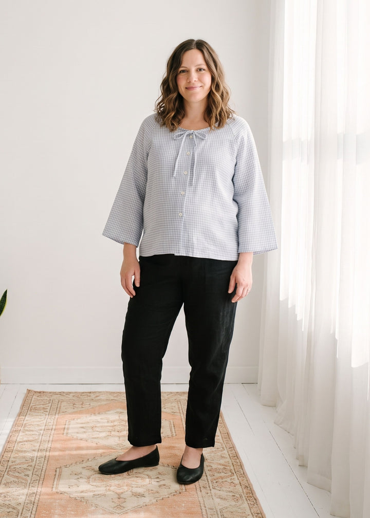 Tie-Neck Gingham Bell-Sleeve Linen Blouse