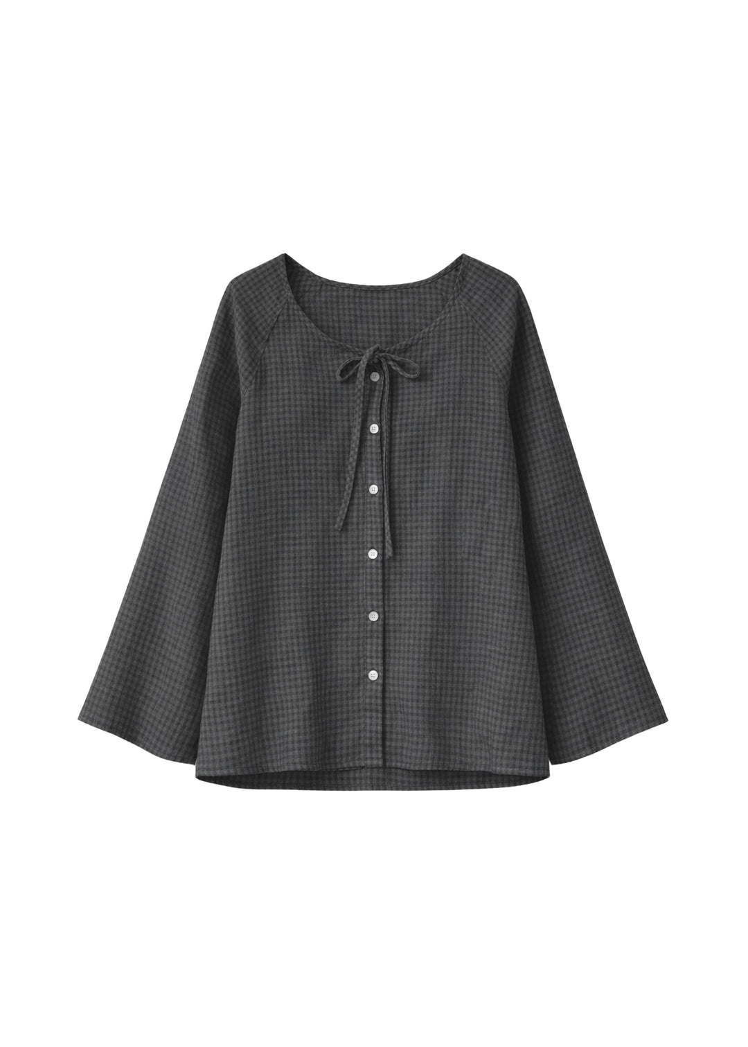 Tie-Neck Gingham Bell-Sleeve Linen Blouse