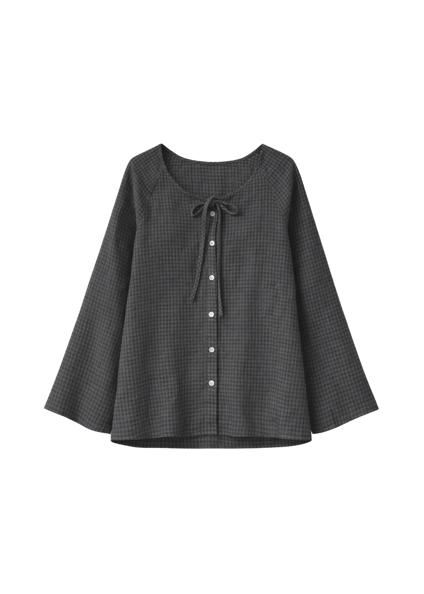 Tie-Neck Gingham Bell-Sleeve Linen Blouse