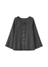 Tie-Neck Gingham Bell-Sleeve Linen Blouse