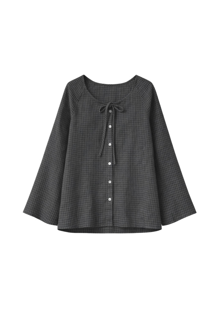 Tie-Neck Gingham Bell-Sleeve Linen Blouse