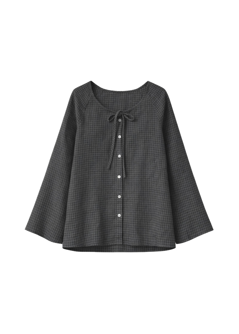 Tie-Neck Gingham Bell-Sleeve Linen Blouse