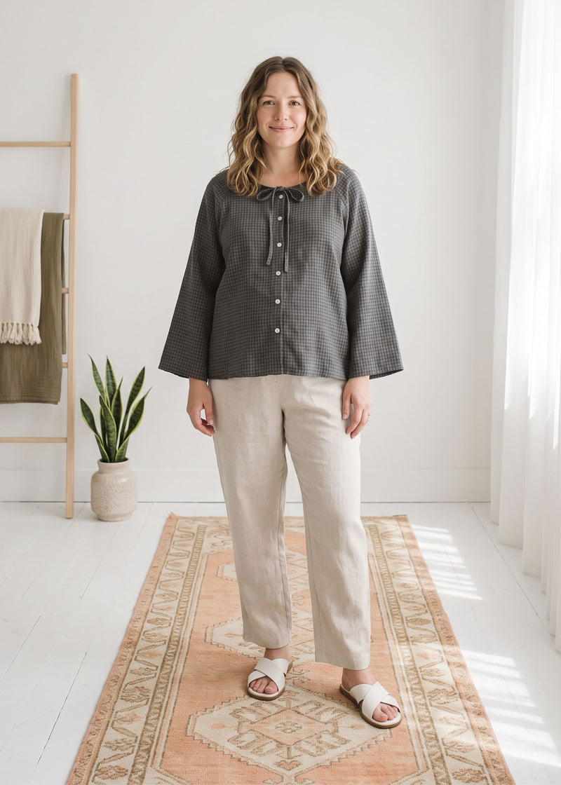 Tie-Neck Gingham Bell-Sleeve Linen Blouse