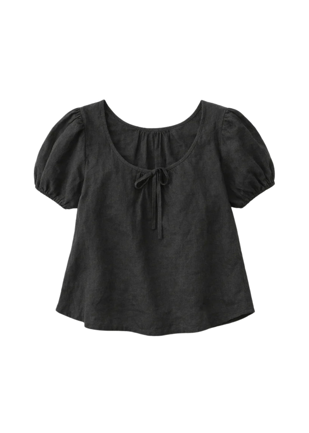 Tie-Neck Puff-Sleeve Linen Blouse in Linen