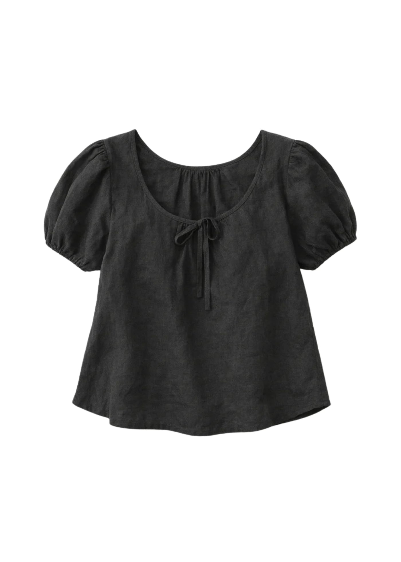 Tie-Neck Puff-Sleeve Linen Blouse in Linen