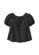 Tie-Neck Puff-Sleeve Linen Blouse in Linen