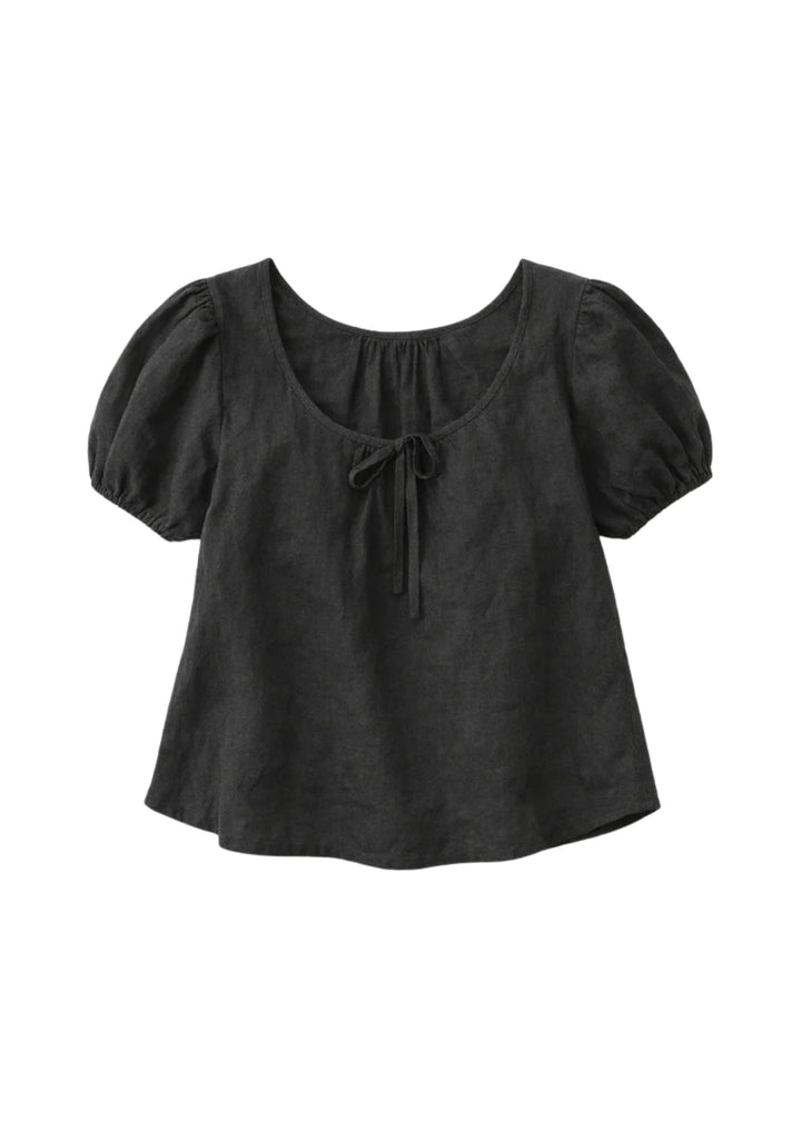 Tie-Neck Puff-Sleeve Linen Blouse in Linen