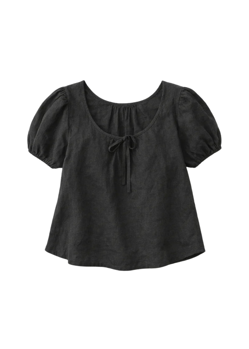 Tie-Neck Puff-Sleeve Linen Blouse in Linen