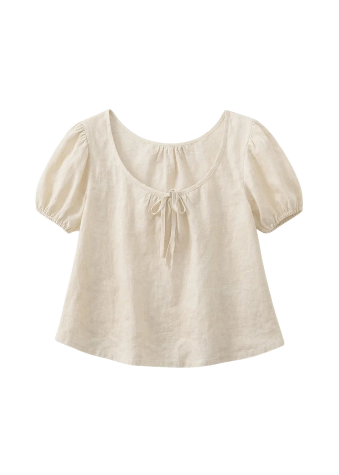 Tie-Neck Puff-Sleeve Linen Blouse in Linen