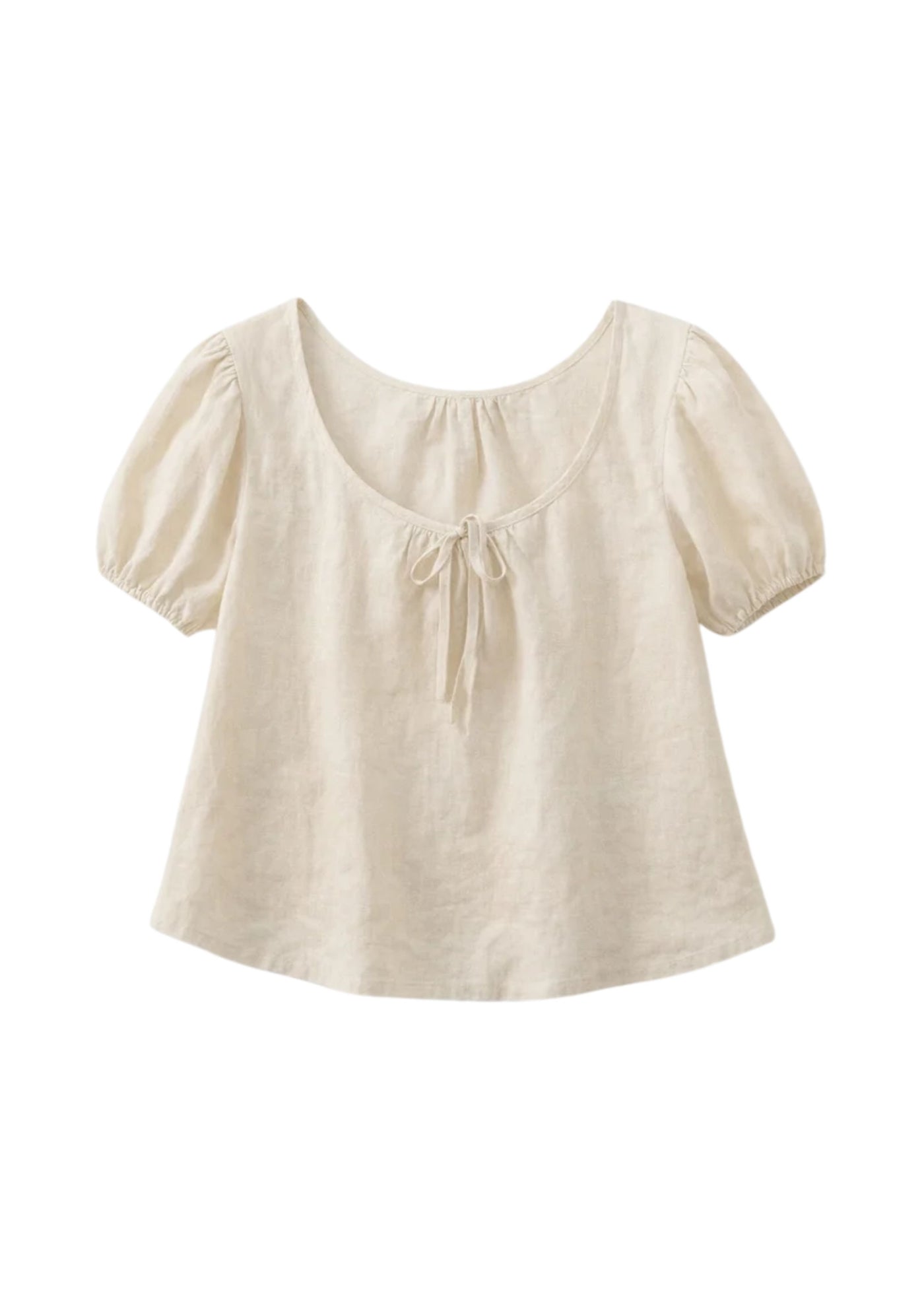 Tie-Neck Puff-Sleeve Linen Blouse in Linen