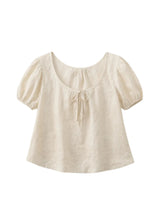 Tie-Neck Puff-Sleeve Linen Blouse in Linen