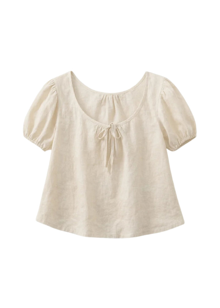 Tie-Neck Puff-Sleeve Linen Blouse in Linen