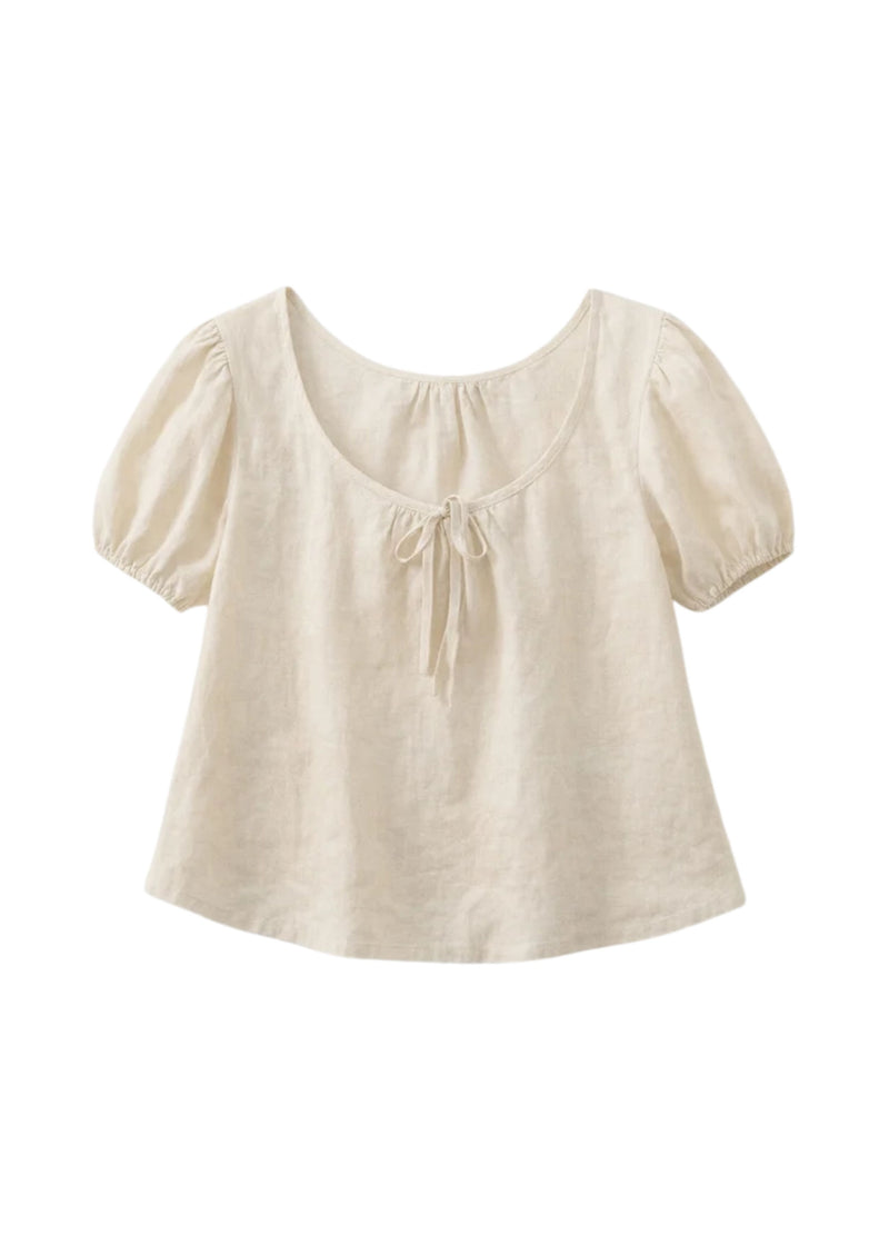 Tie-Neck Puff-Sleeve Linen Blouse in Linen