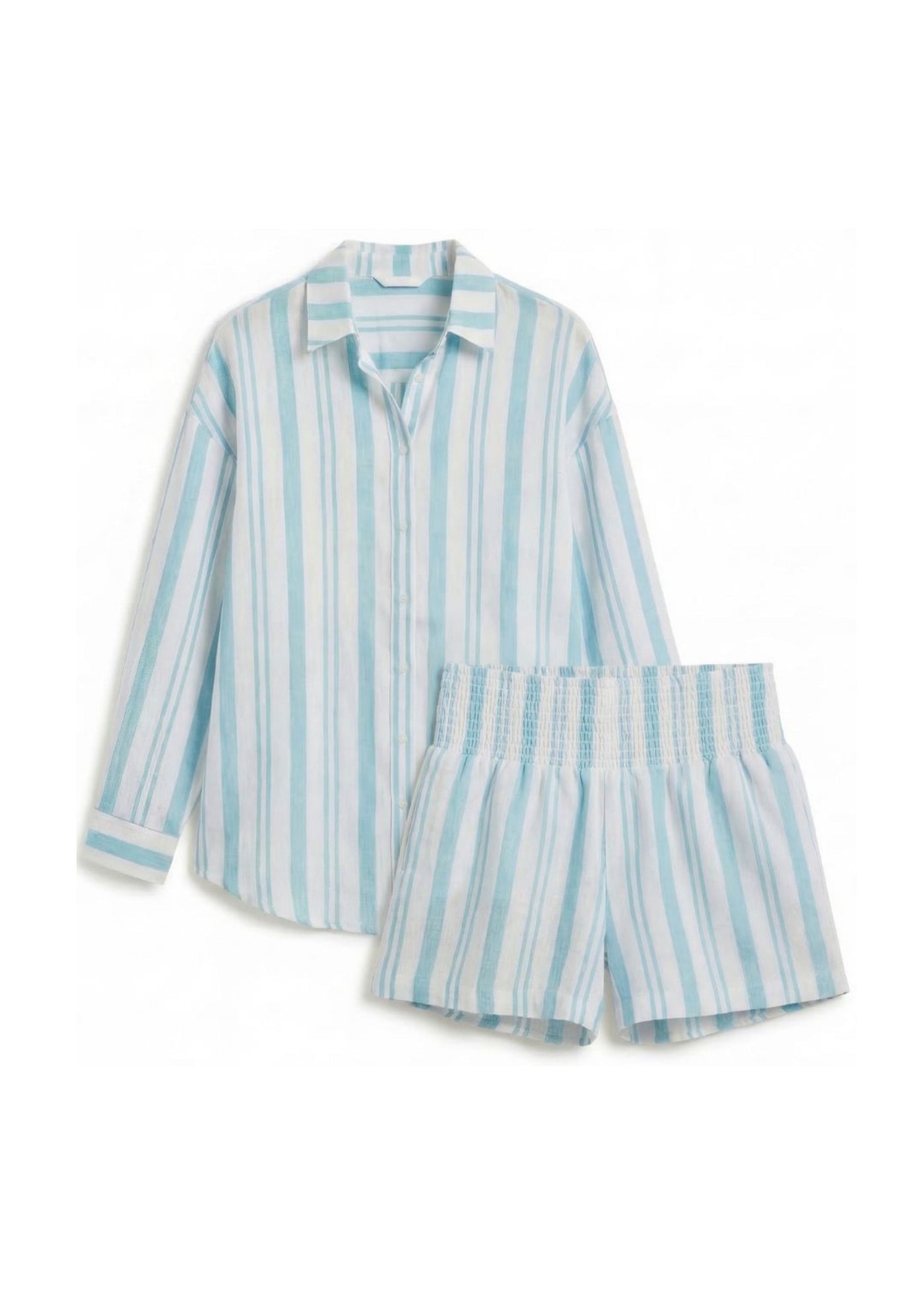 White and blue striped cotton gauze shirt and shorts set with relaxed fit.