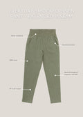 Olive green 100% linen smocked maternity pants with elastic waistband and functional pockets, extended inseam.