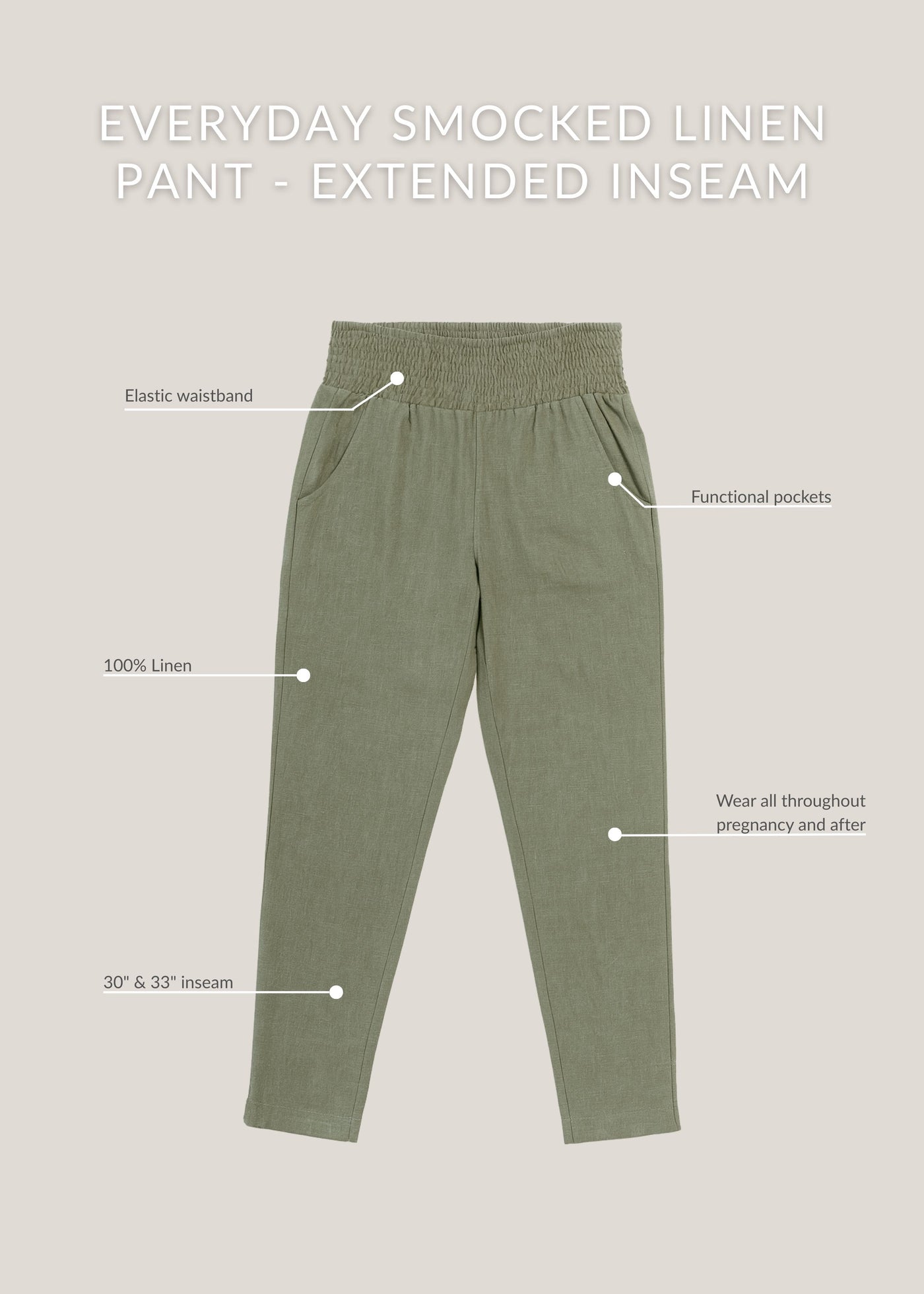 Olive green 100% linen smocked maternity pants with elastic waistband and functional pockets, extended inseam.