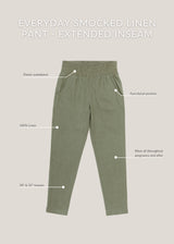 Olive green 100% linen smocked maternity pants with elastic waistband and functional pockets, extended inseam.