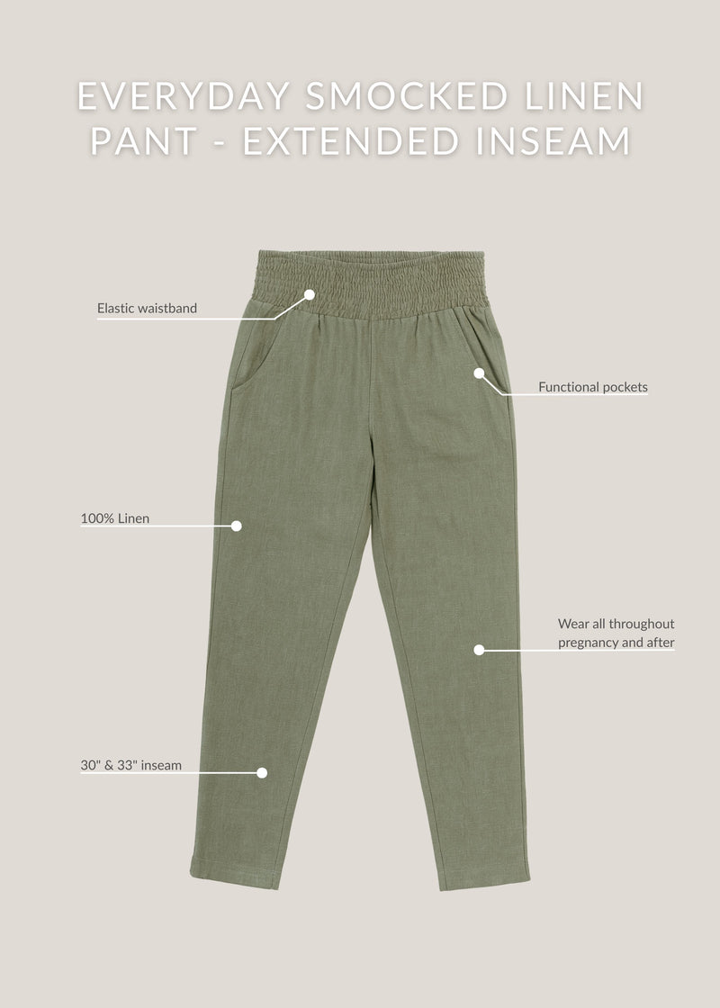 Olive green 100% linen smocked maternity pants with elastic waistband and functional pockets, extended inseam.