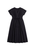 Black cotton poplin midi dress with V-neck, short sleeves, and gathered drawstring waist.