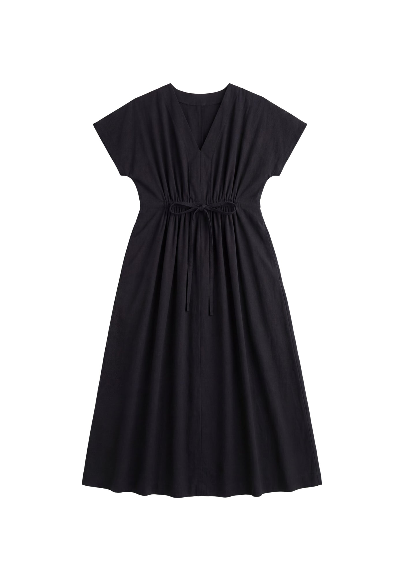 Black cotton poplin midi dress with V-neck, short sleeves, and gathered drawstring waist.