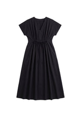 Black cotton poplin midi dress with V-neck, short sleeves, and gathered drawstring waist.